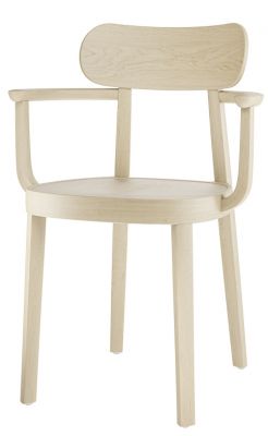Holzstuhl mit Armlehnen, Modell 118MF von Thonet, in hellem Holz, Ansicht von vorne.